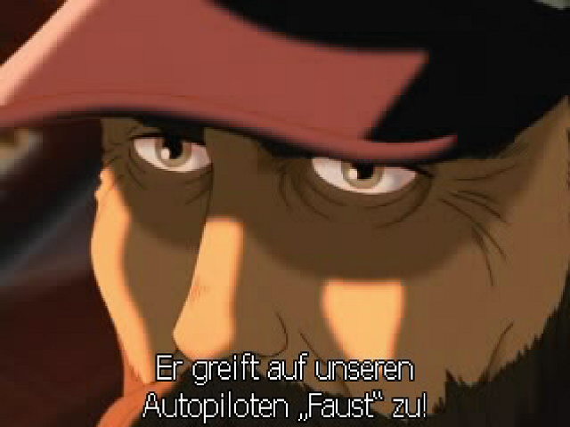 Szene aus dem Intro des Spiels mit Untertitel: Er greift auf unseren Autopiloten „Faust“ zu!
