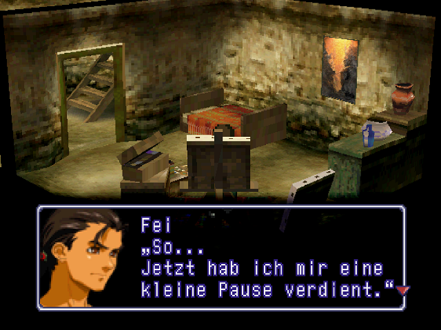 Fei in seinem Zimmer zu Beginn des Spiels: „So... Jetzt hab ich mir eine kleine Pause verdient.“