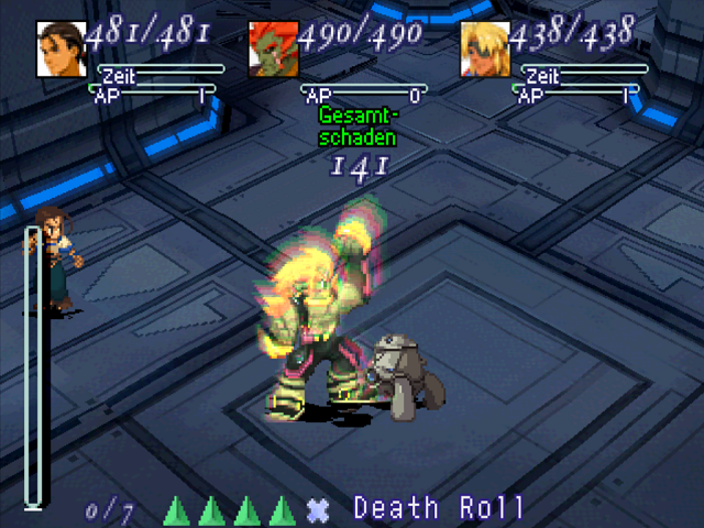 Screenshot eines Charakter-Kampfes, in welchem Rico gerade den Todesstoß „Death Roll“ ausführt