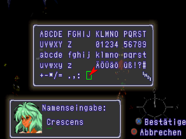 Screenshot des Menüs für die Namenseingabe