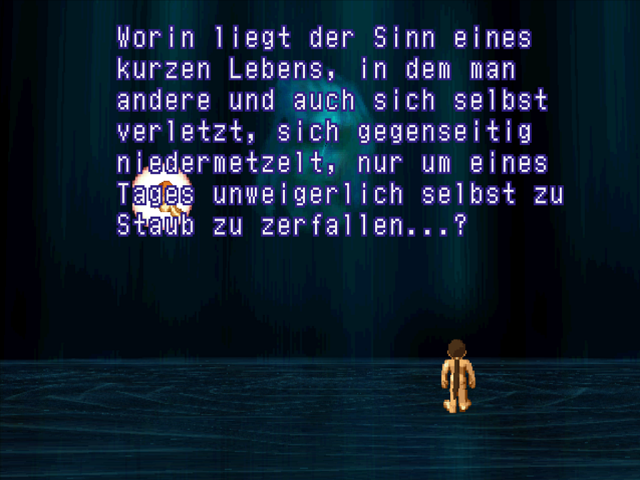 Dialog mit Karellen am Pfad der Sephiroth (Ende des Spiels): „Worin liegt der Sinn eines kurzes Lebens, in dem man andere und auch sich selbst verletzt, sich gegenseitig niedermetzelt, nur um eines Tages unweigerlich selbst zu Staub zu zerfallen...?“