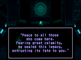 The inscription reads: Peace to all those who come here. Fearing great calamity, we sealed this legacy, entrusting its fate to you.