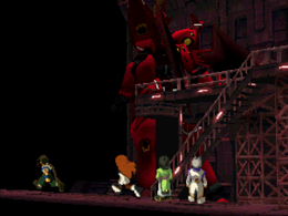 Fei, Elly, Citan and Sigurd stand before Andvari in the hangar of Ft. Jasper