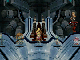 The captured party members before Krelian and the throne of Solaris' emperor
