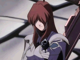 Elly, inhabited by Miang, points her gun at the party