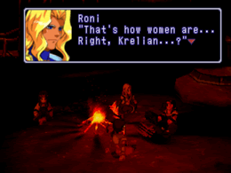 Bart's ancestor Roni at a campfire together with his brother Rene, Krelian and Lacan