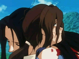 Karen hugs the young Fei after his unleashed power dealt a mortal blow to her